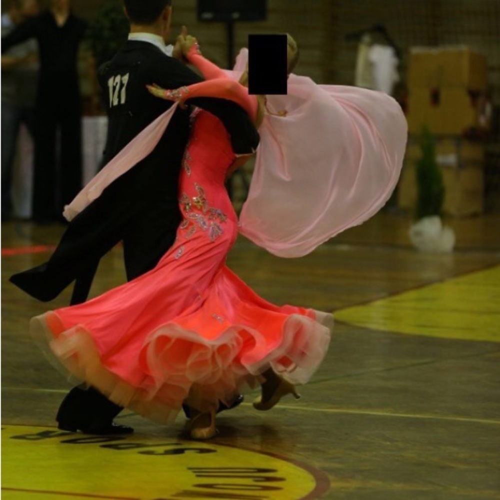 Pink orange ballroom dance dress with long sleeves and shinny stones and floats